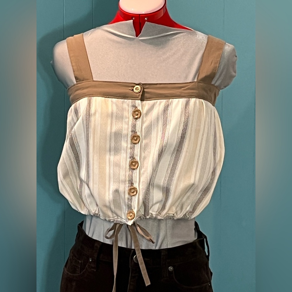 Upcycled - Striped Brown and Cream Drawstring Camisole Top